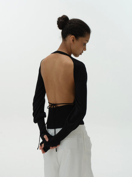 Open-Back Puff Sleeve Knit Top