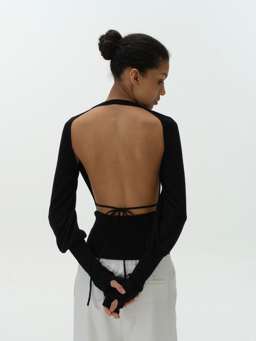Open-Back Puff Sleeve Knit Top