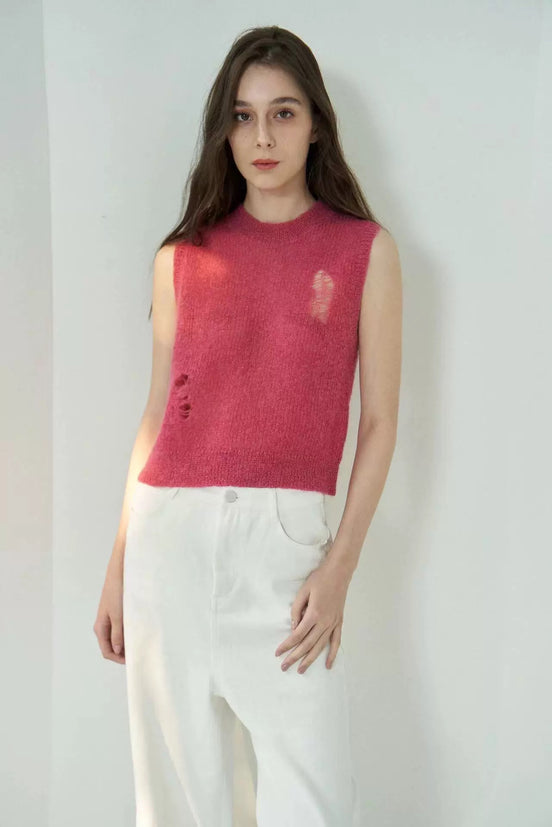 Mohair Distressed Sleeveless Knit Vest