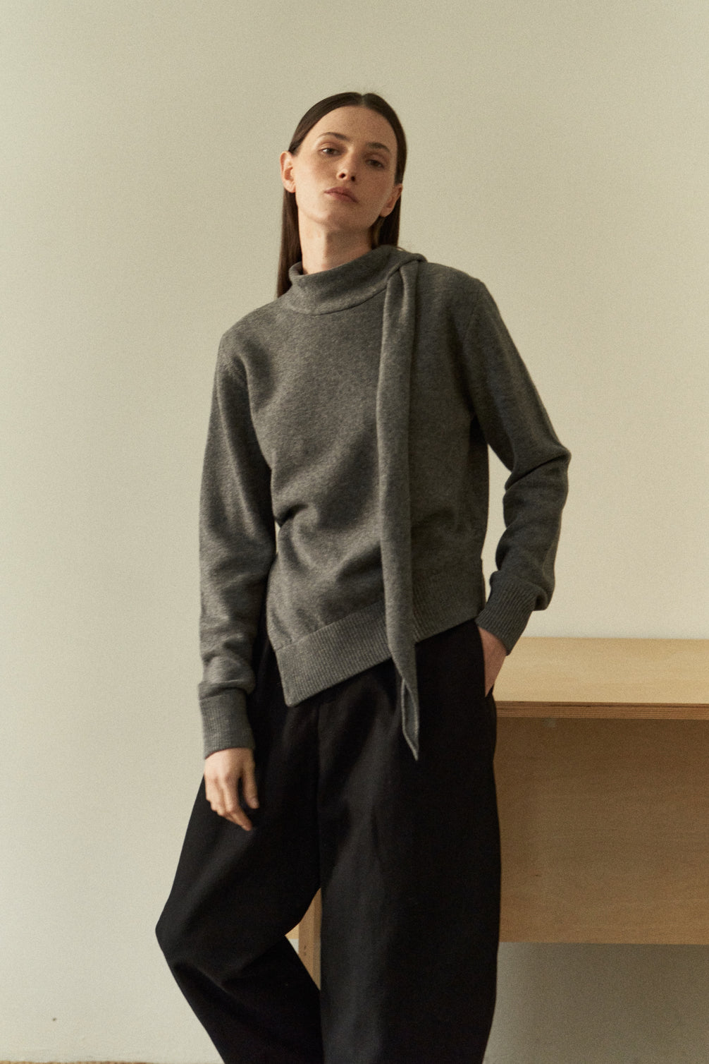 Attached-Scarf Sweater
